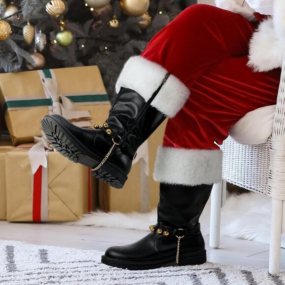 Men's Black Brass Bells Premium Faux Leather Wide Calf Santa Combat Shoes - Picture 7 of 8